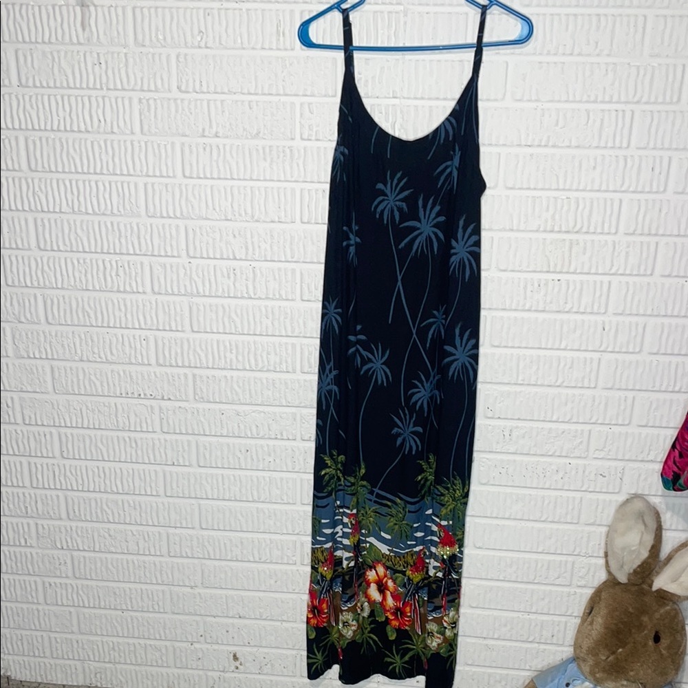 Vintage Tropical Maxi Dress with Palm Tree Design and sequin parrots